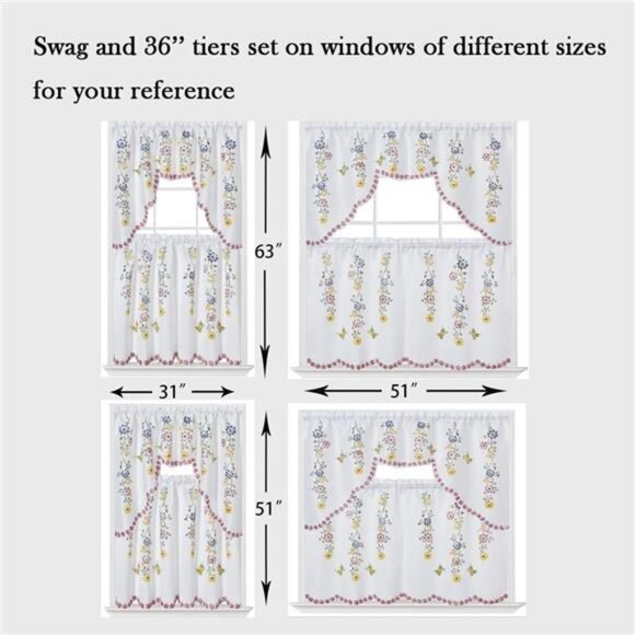 3pcs Farmhouse Kitchen Cafe Curtain Set Air Brushed by Hand of Flowers&Butterfly - Picture 2 of 5